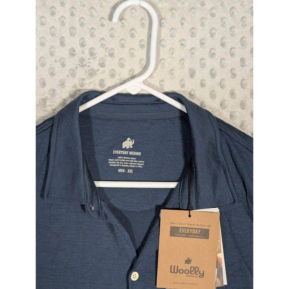 Woolly Merino Wool Shirt Men's 2XL Blue Short Sleeve Knit Button-Up Hiking NEW - Picture 4 of 8